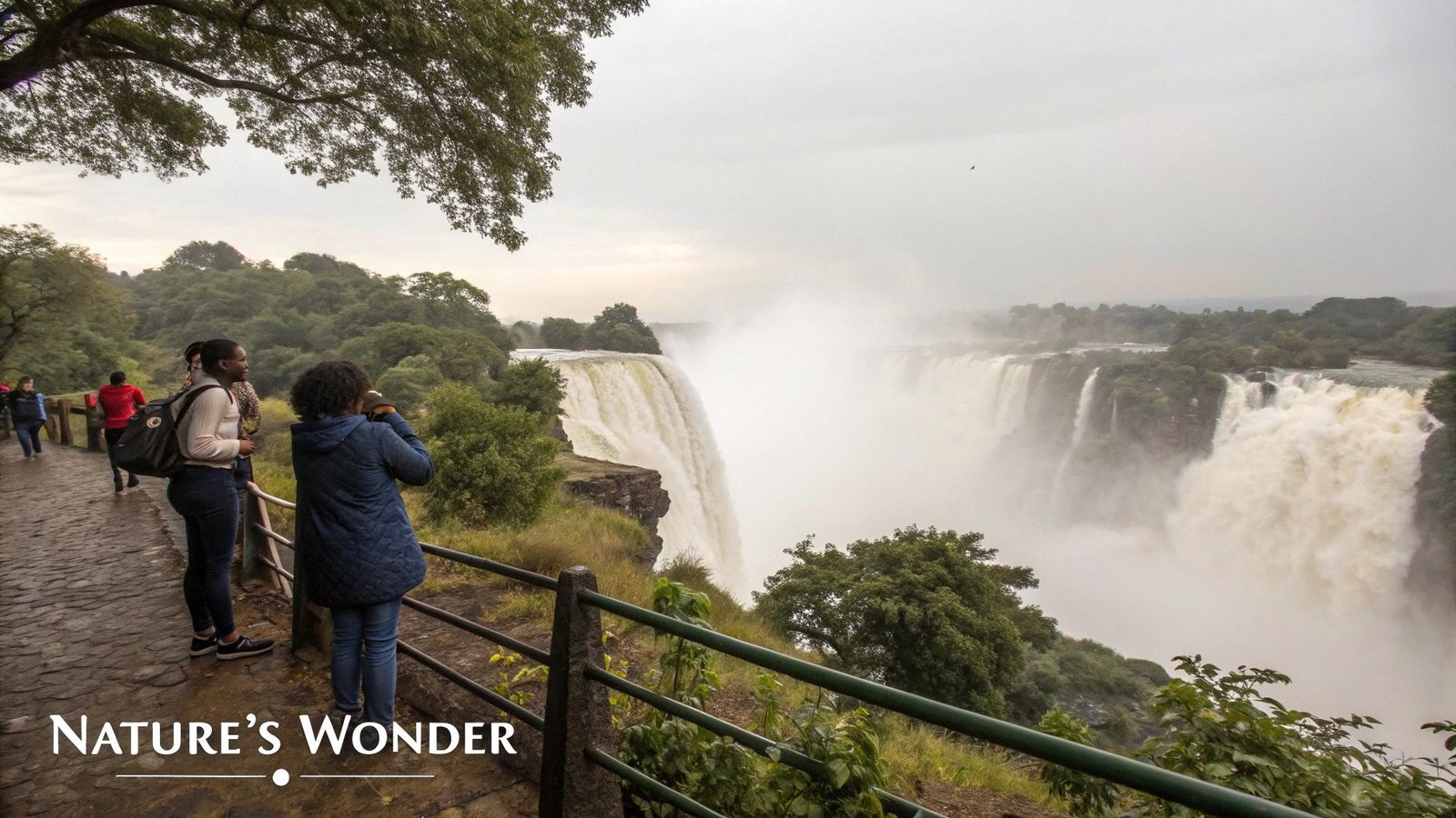 Visitors on Knife-Edge Bridge facing Victoria Falls from the Zambian side