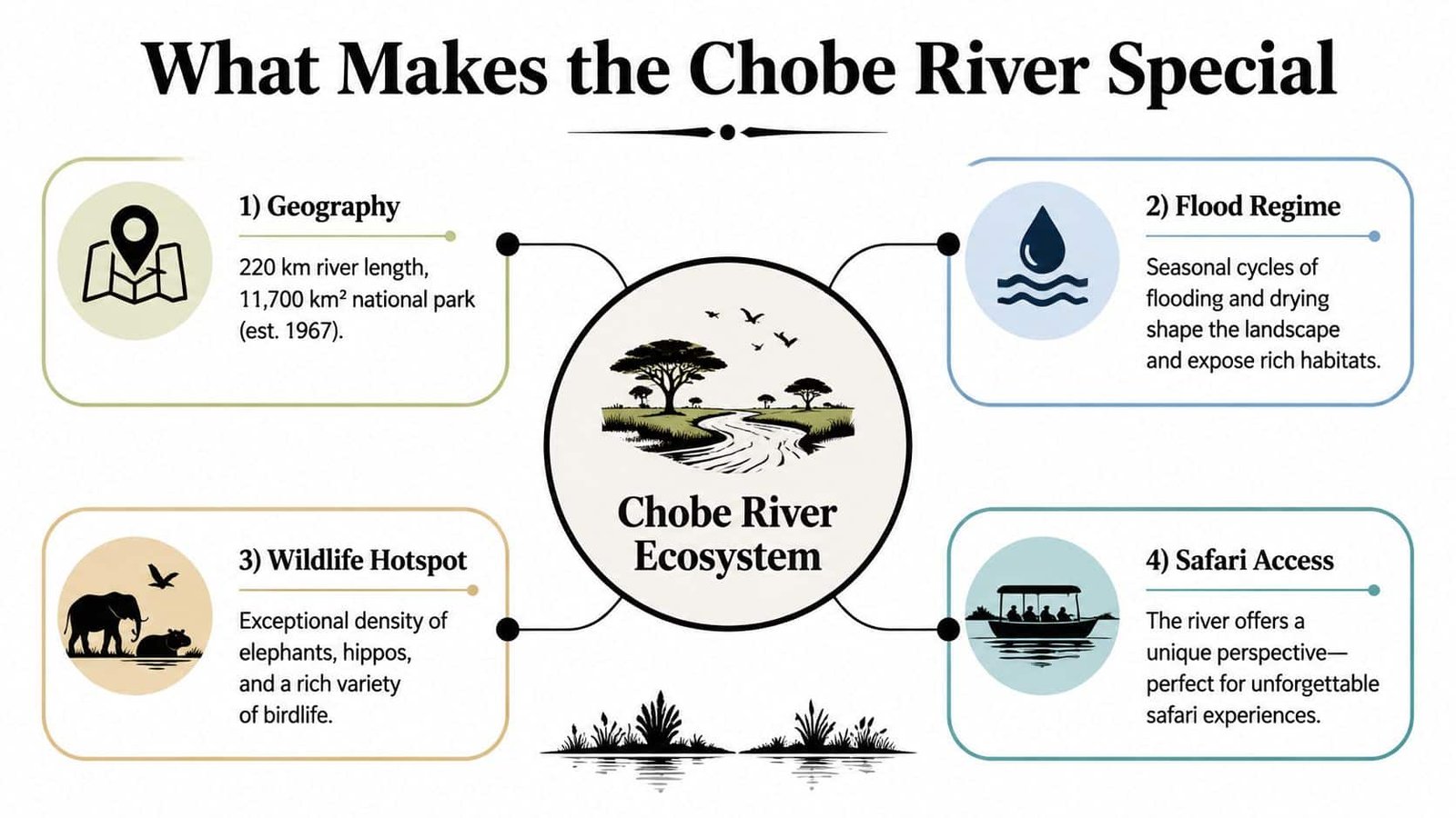 Chobe River Cruise: A Complete Safari Guide An infographic detailing the unique geographical, environmental, and wildlife features of the Chobe River ecosystem.