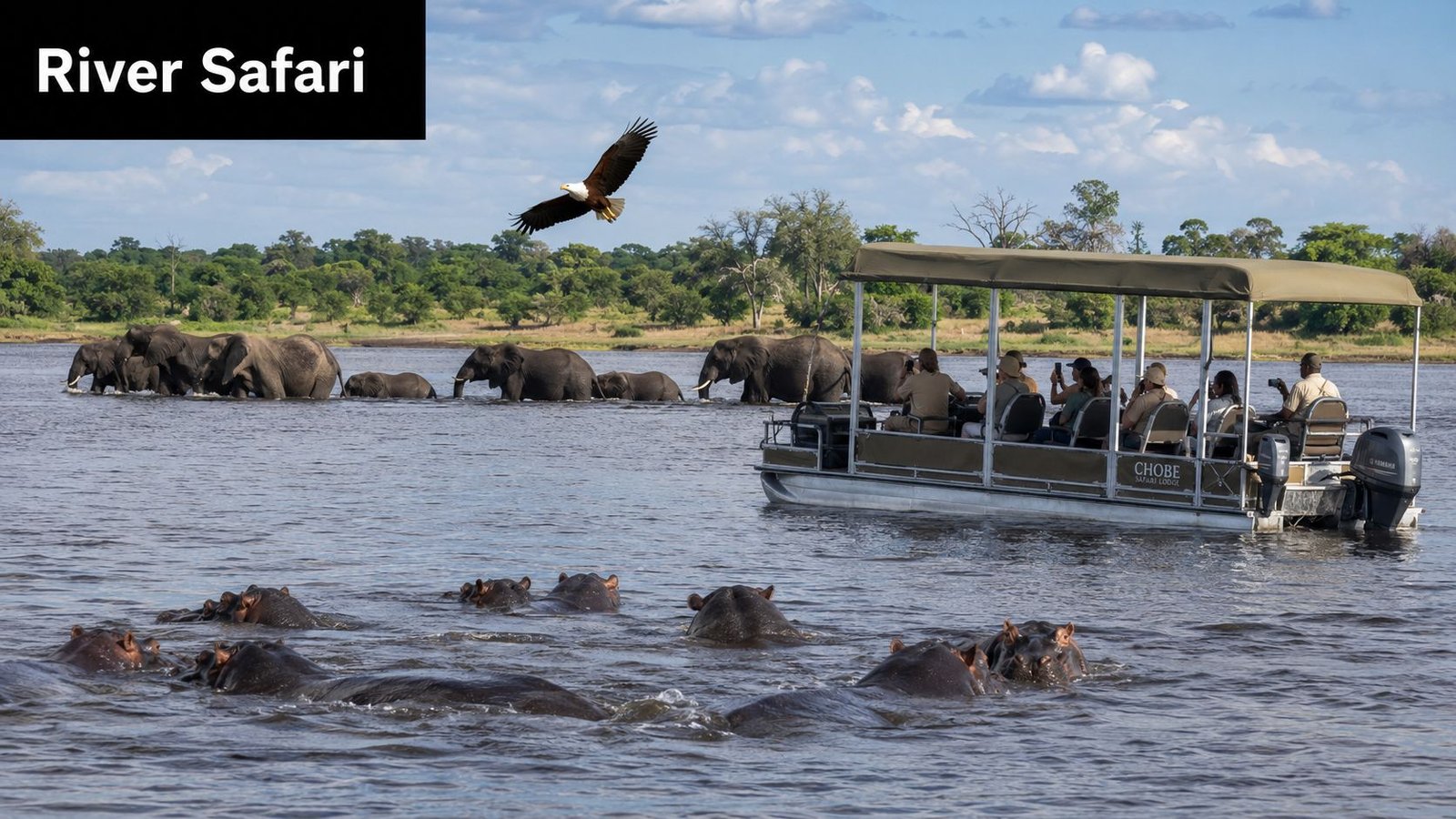 Chobe River Cruise: A Complete Safari Guide A group of tourists on a safari boat observing elephants and hippos along the Chobe River.
