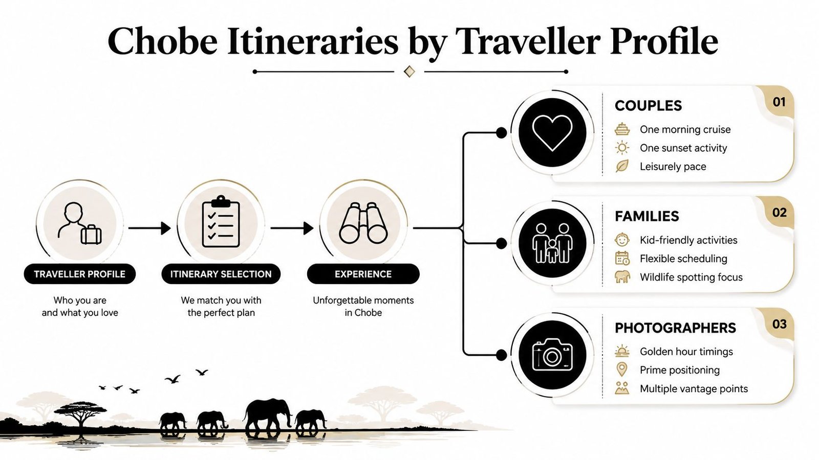 Chobe River Cruise: A Complete Safari Guide An infographic showing customized Chobe travel itineraries tailored for couples, families, and photography enthusiasts visiting Chobe.