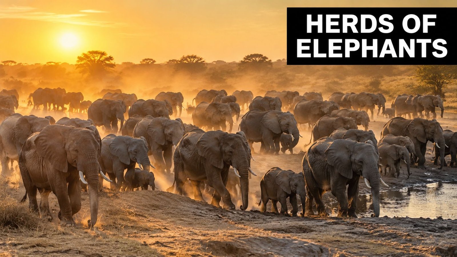 A massive herd of African elephants migrating across a dry, dusty landscape during a golden sunset.