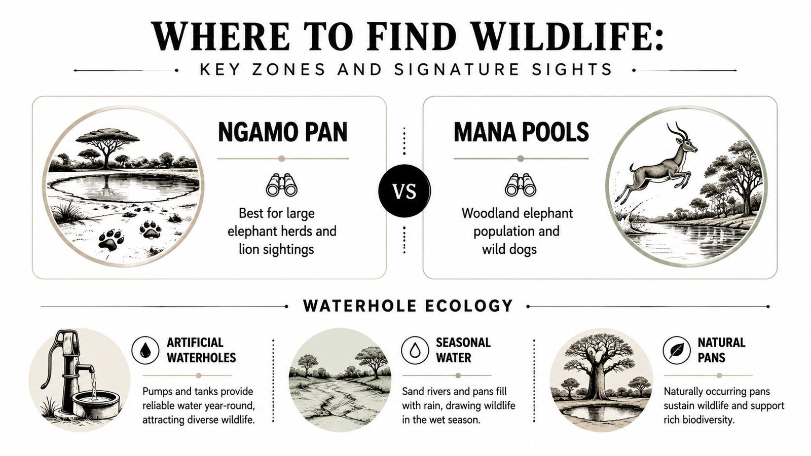 An infographic showing wildlife viewing zones at Ngamo Pan and Mana Pools alongside waterhole ecology concepts.