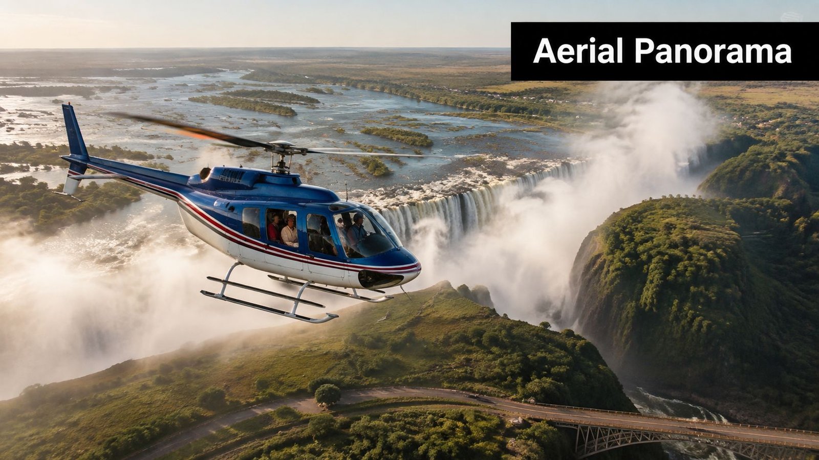 A helicopter flying over the massive Victoria Falls with mist rising from the gorge below.