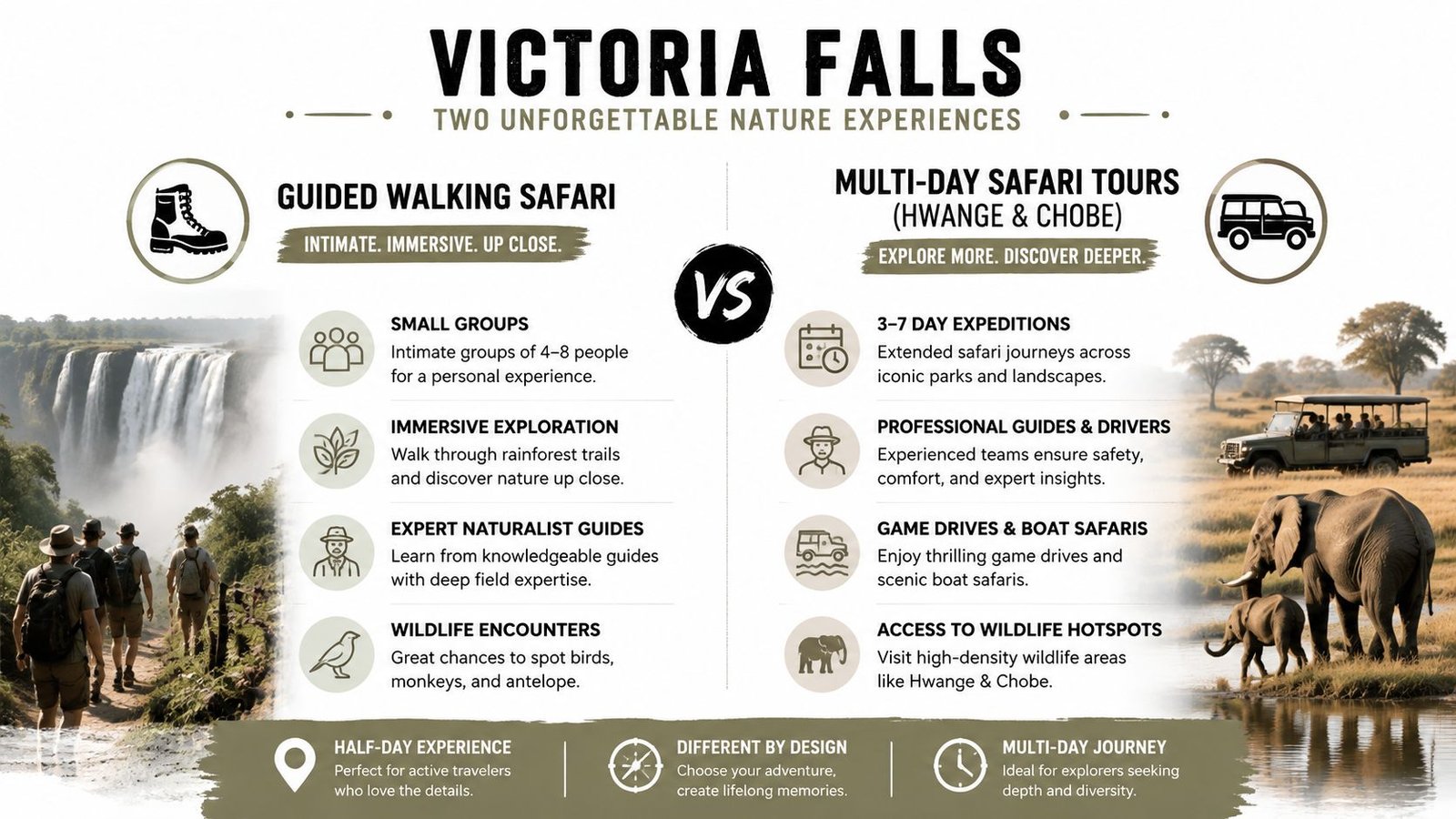 An infographic comparing guided walking safaris and multi-day safari tours near Victoria Falls, highlighting key features and experiences.