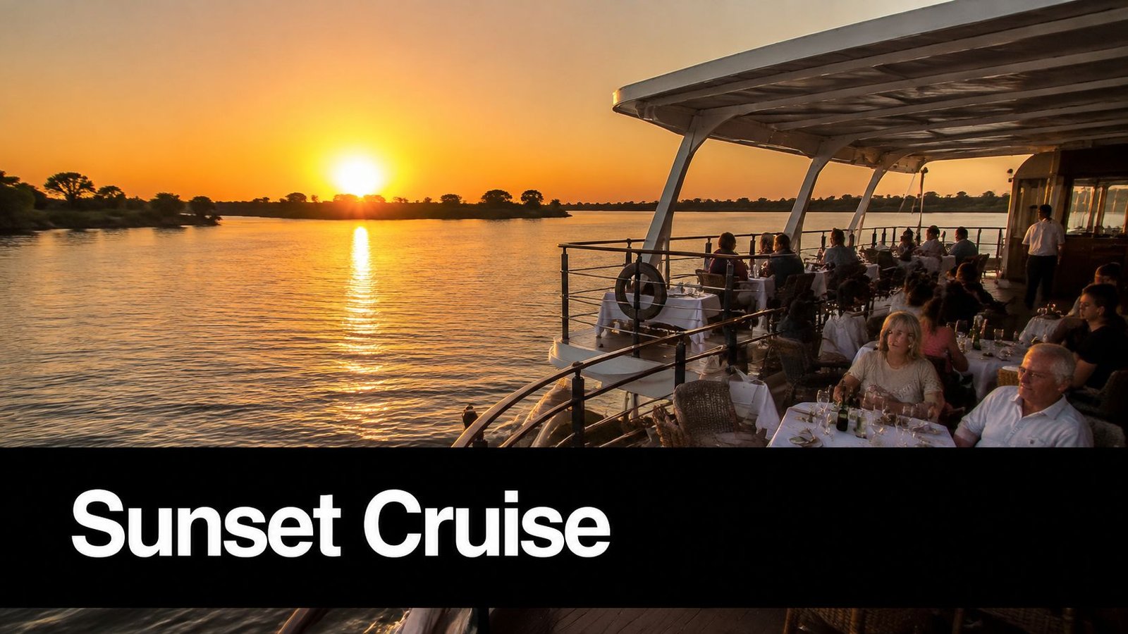People enjoying a relaxing dinner on a river cruise boat during a vibrant orange sunset