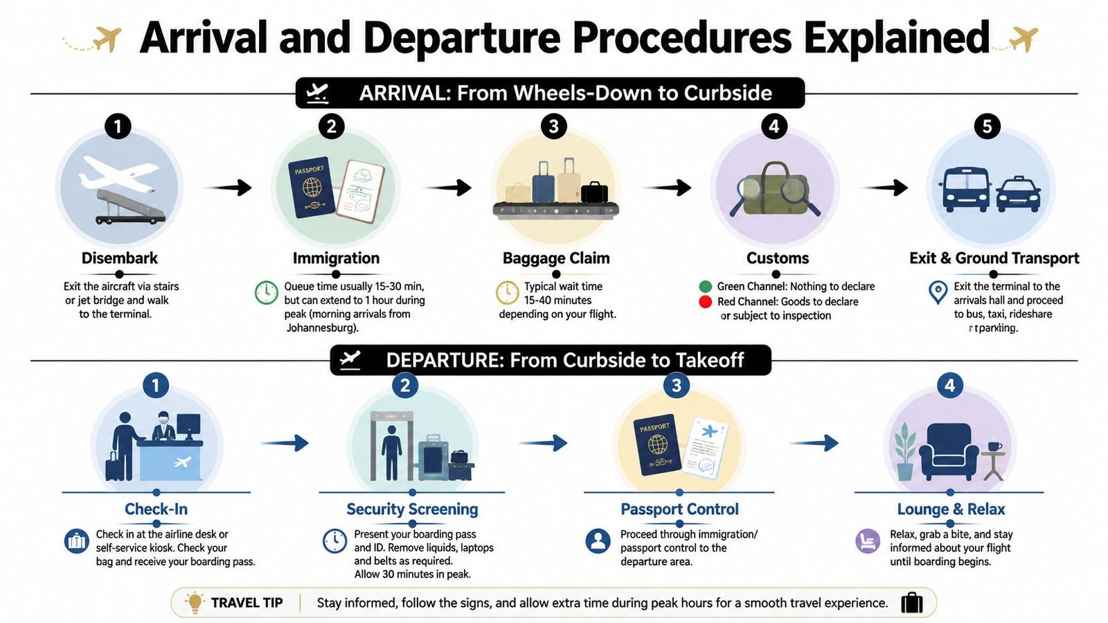 An infographic titled Arrival and Departure Procedures Explained, detailing step-by-step processes for airport arrival and departure travelers.