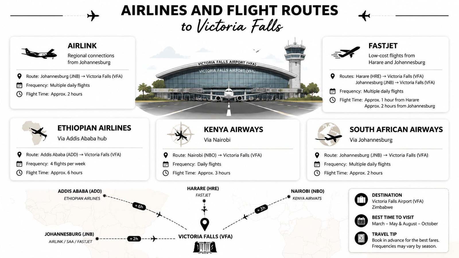 An infographic detailing various airlines and flight routes connecting major international cities to Victoria Falls Airport.
