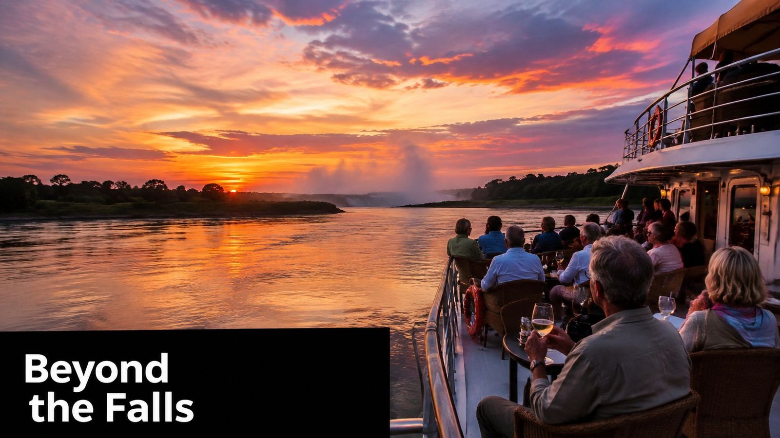A scenic sunset view from a boat cruise showing tourists enjoying the tranquil Zambezi River landscape.