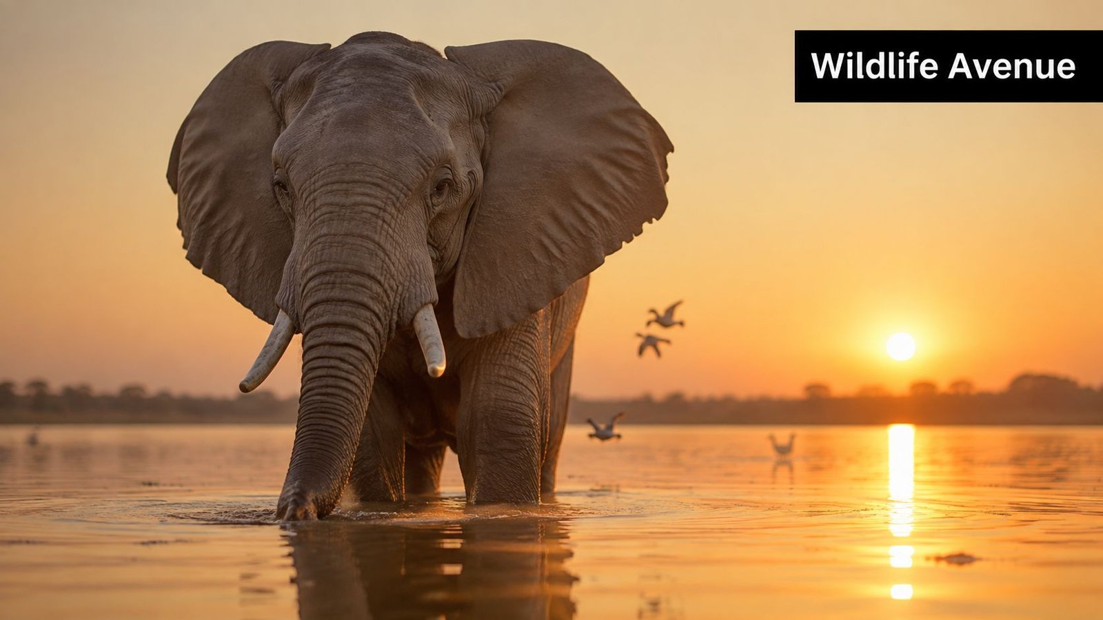 A majestic elephant standing in the water during a vibrant golden sunset at Victoria Falls.