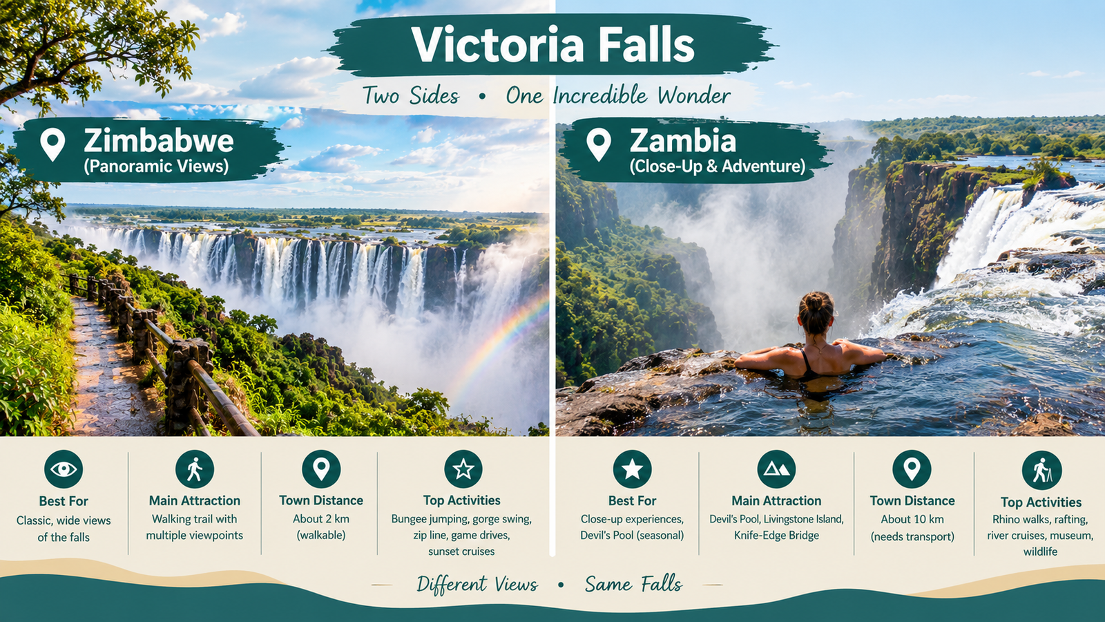 Comparison graphic of Victoria Falls Zambia side versus Zimbabwe side 