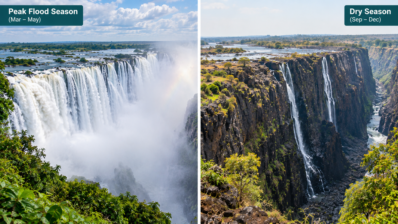 Victoria Falls in high water season compared with low water season