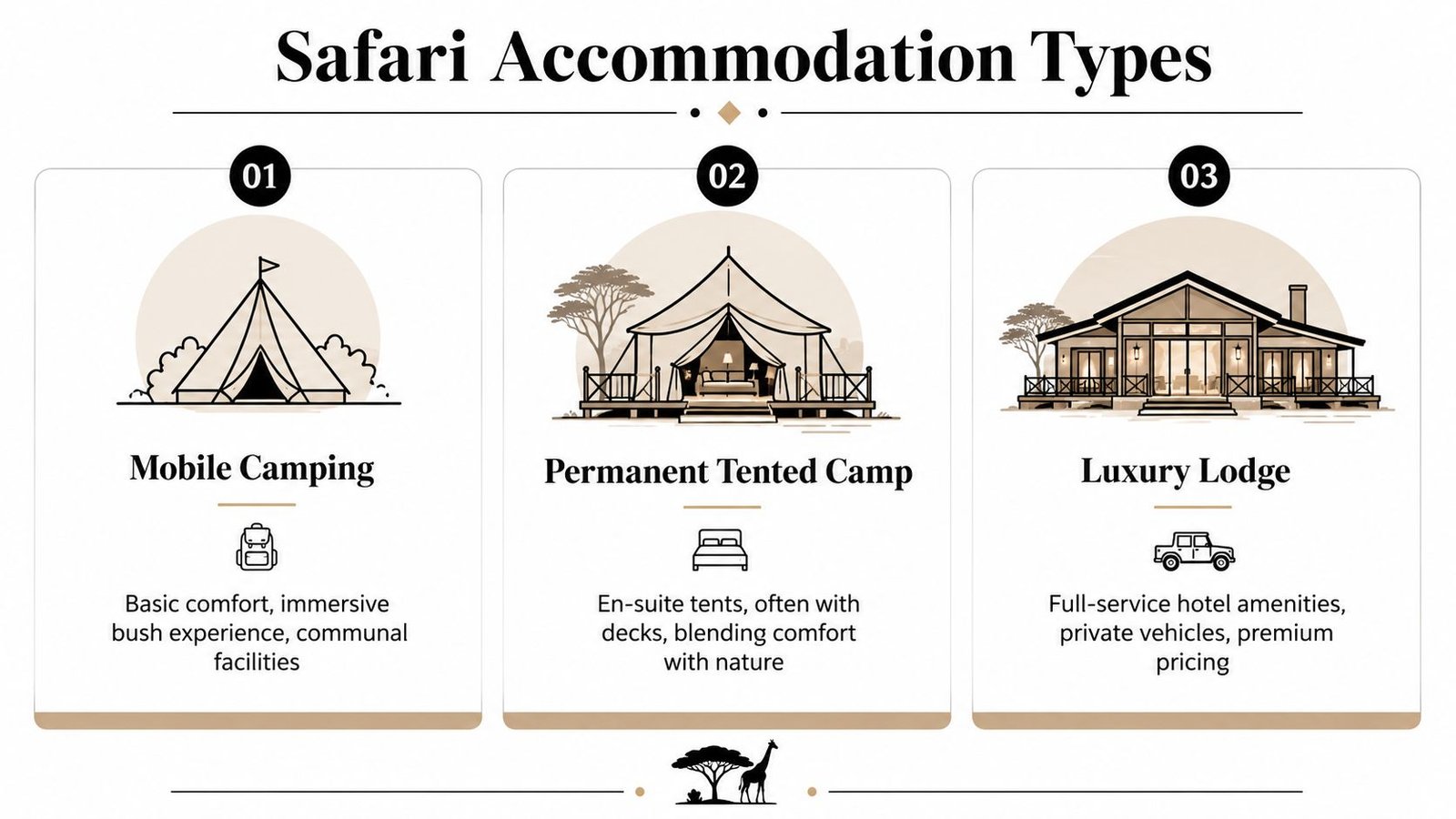 Africa Safari Guide: Plan Your Perfect Wildlife Trip A graphic illustration detailing three types of safari accommodation: mobile camping, permanent tented camps, and luxury lodges.