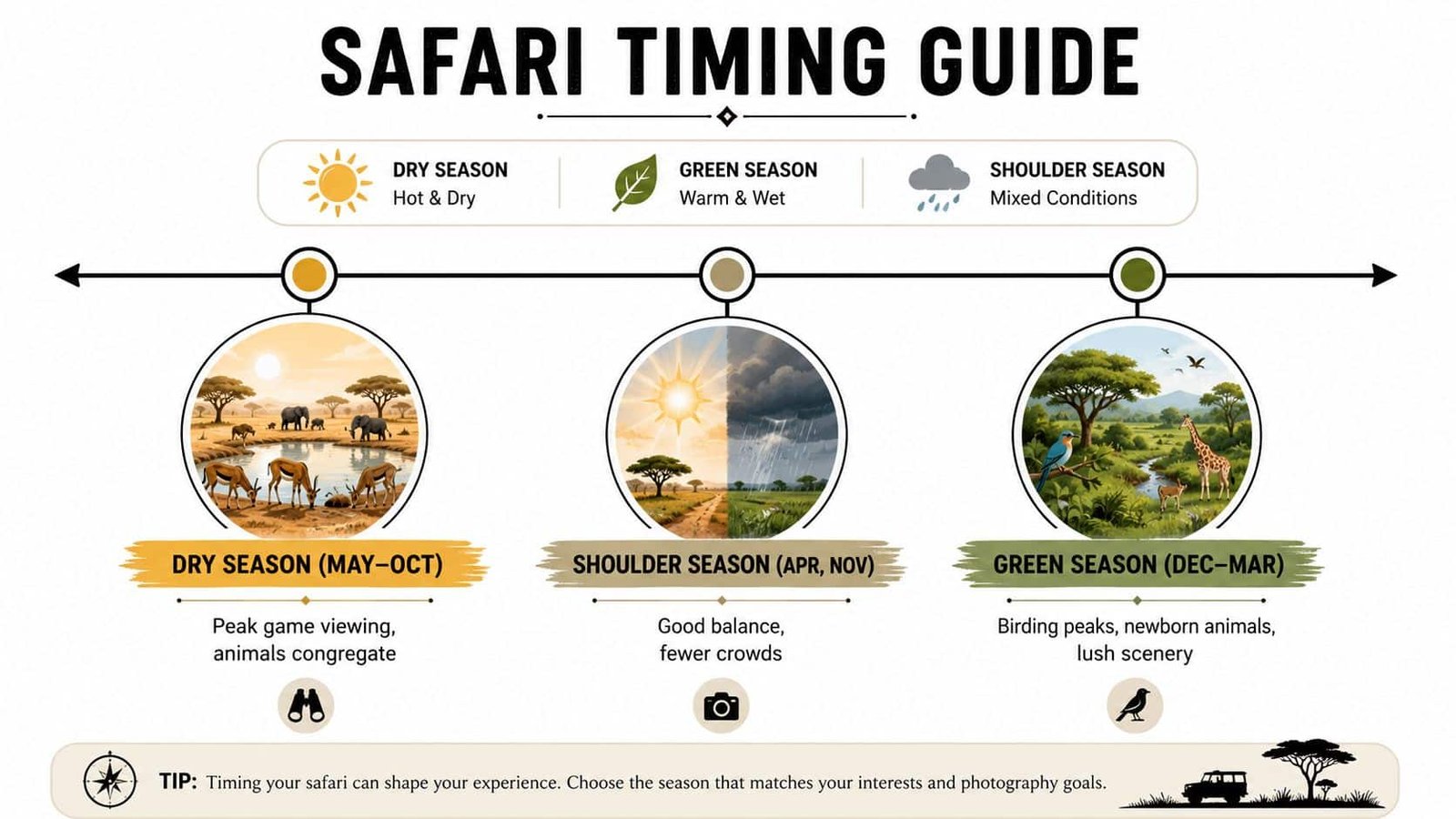 Africa Safari Guide: Plan Your Perfect Wildlife Trip An infographic titled Safari Timing Guide illustrating the dry, shoulder, and green seasons for safari travel.