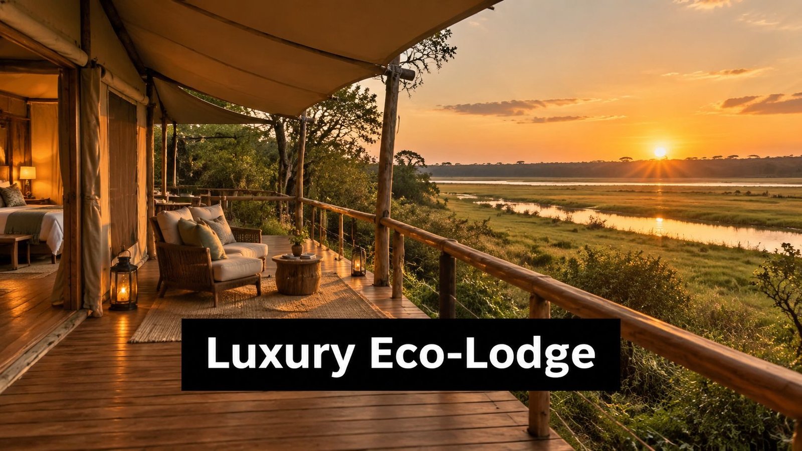 Discover Top African Tourism Attractions for 2026 A luxurious tented eco-lodge deck overlooking a vast African savanna river landscape at sunset.