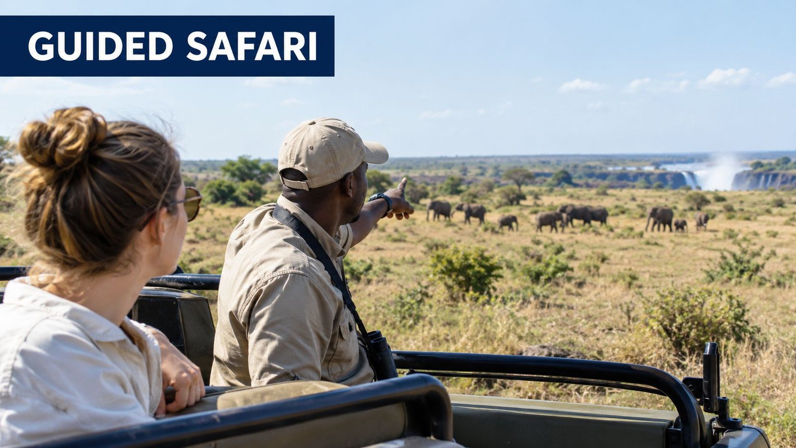 A safari guide pointing out a herd of elephants to a woman in a safari vehicle.