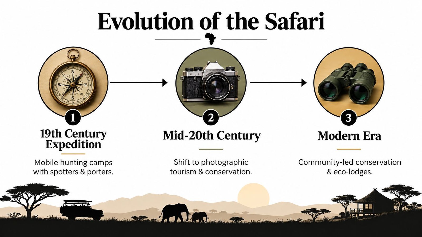 An infographic showing the evolution of safaris from 19th-century expeditions to modern eco-friendly conservation tourism.