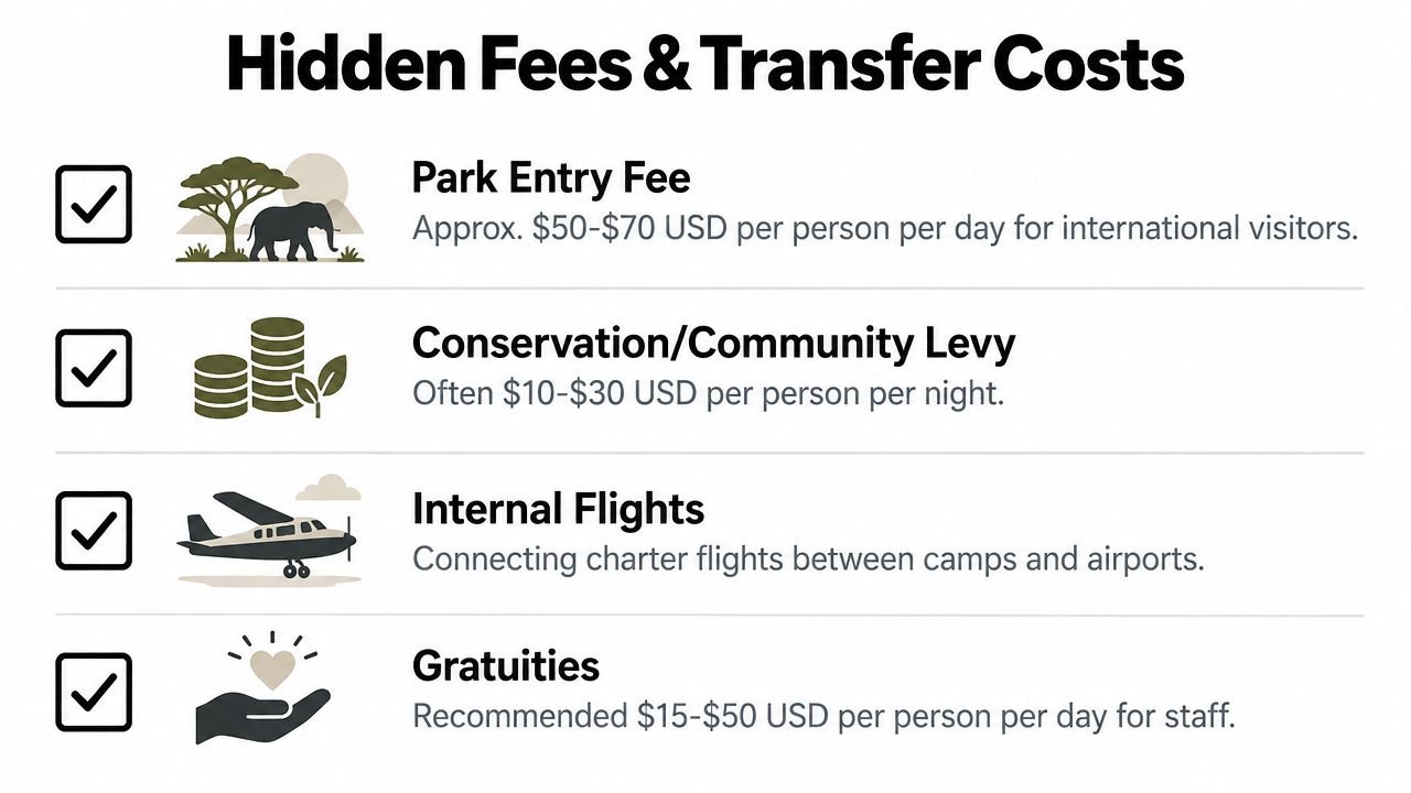 A list of hidden fees and transfer costs to consider for an African safari trip.