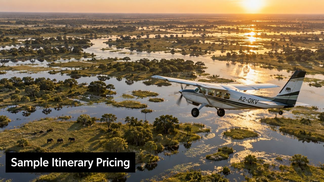 A small bush plane flying over the scenic Okavango Delta at sunset with elephants in the wetlands.