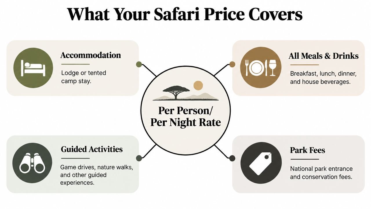 An infographic titled What Your Safari Price Covers, detailing accommodation, meals, activities, and park fees per night.