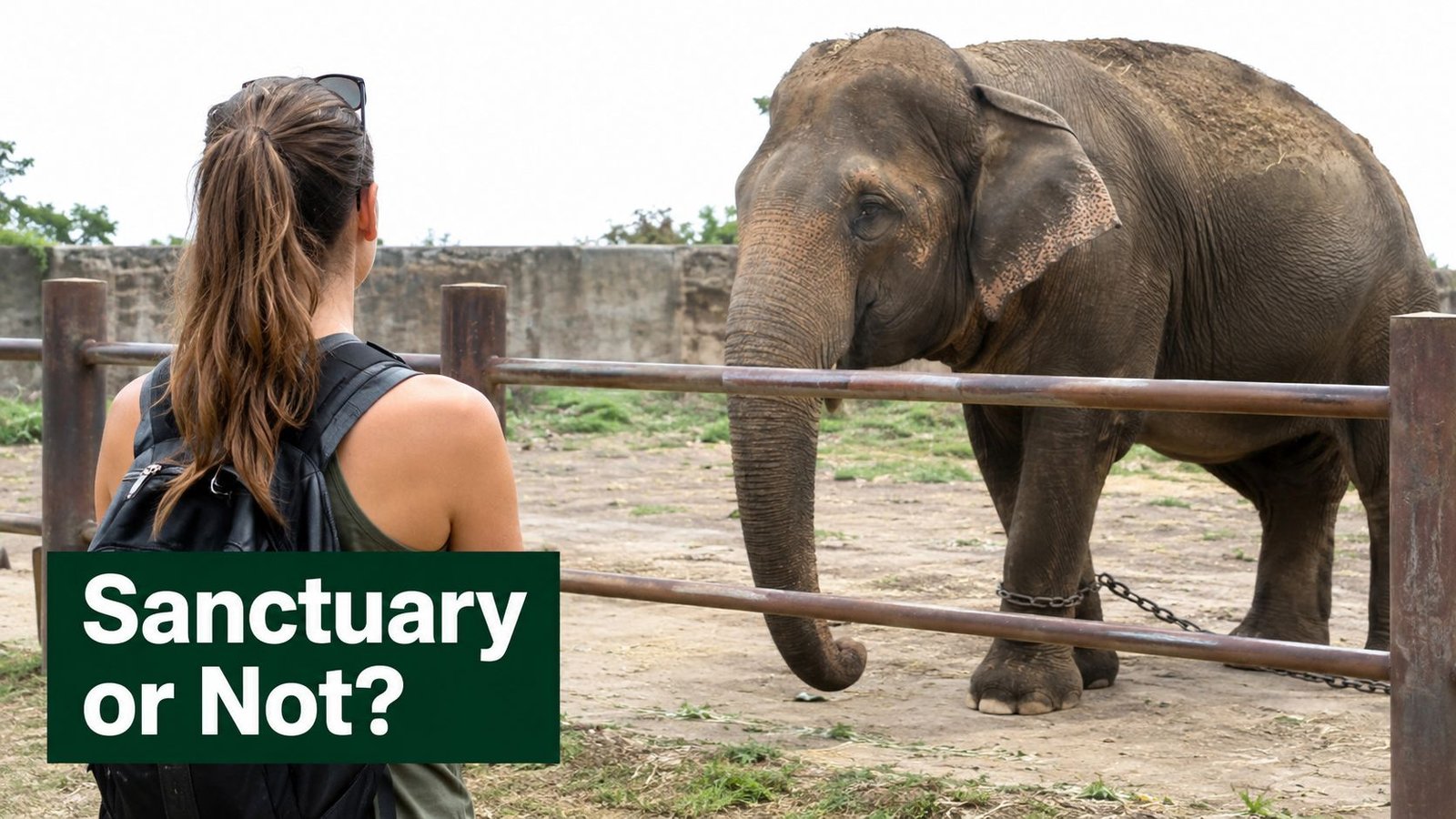 A woman looks at a chained elephant standing behind a metal fence in an outdoor enclosure.