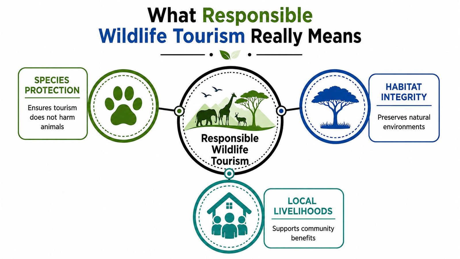 An infographic illustrating three key components of responsible wildlife tourism: species protection, habitat integrity, and local livelihoods.