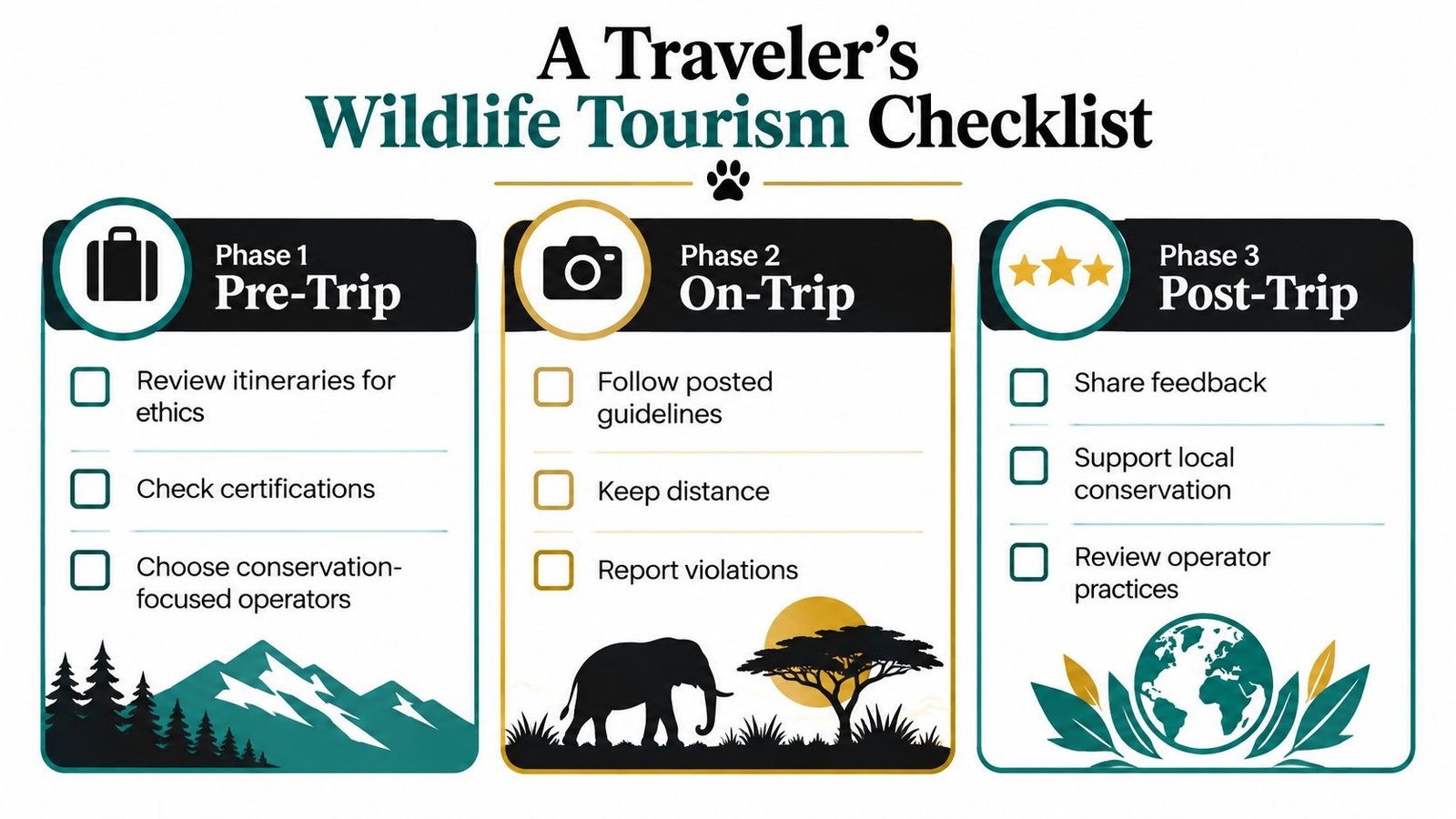 A travel checklist graphic guiding tourists on ethical wildlife practices before, during, and after their trip.