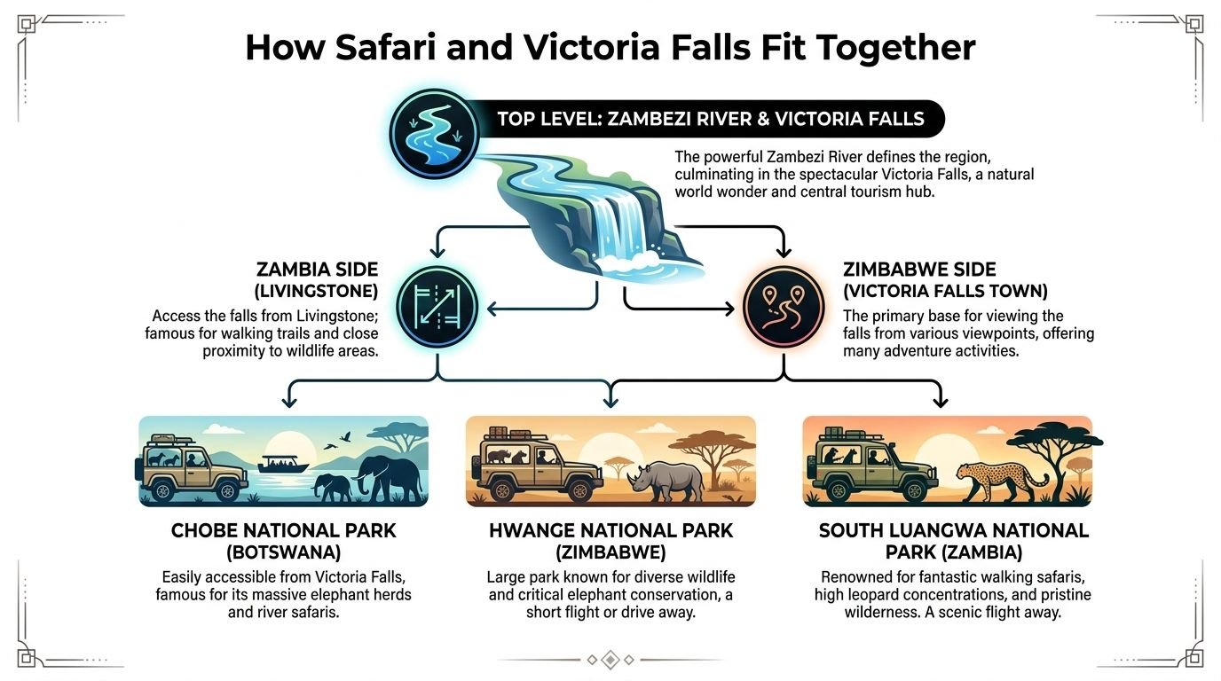 Safari and Victoria Falls Planning Guide for 2026 An infographic showing how safari experiences and Victoria Falls are connected across Zambia, Zimbabwe, and Botswana.