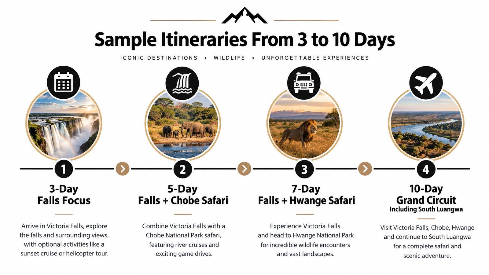 Safari and Victoria Falls Planning Guide for 2026 An infographic showing four different travel itineraries for safari and Victoria Falls tours ranging from three to ten days.