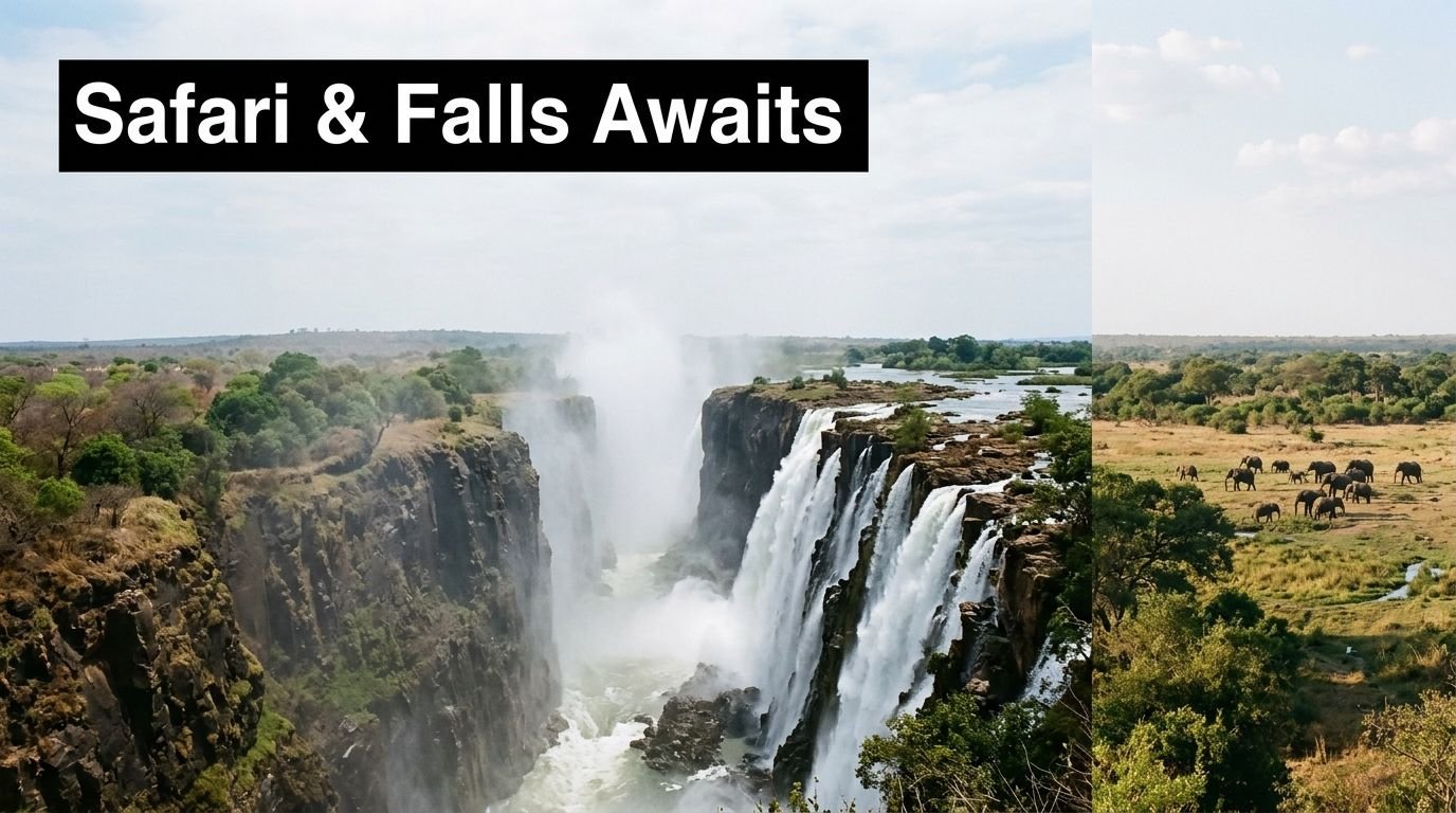 Safari and Victoria Falls Planning Guide for 2026 A scenic split view featuring the majestic Victoria Falls on one side and a wild elephant herd safari.