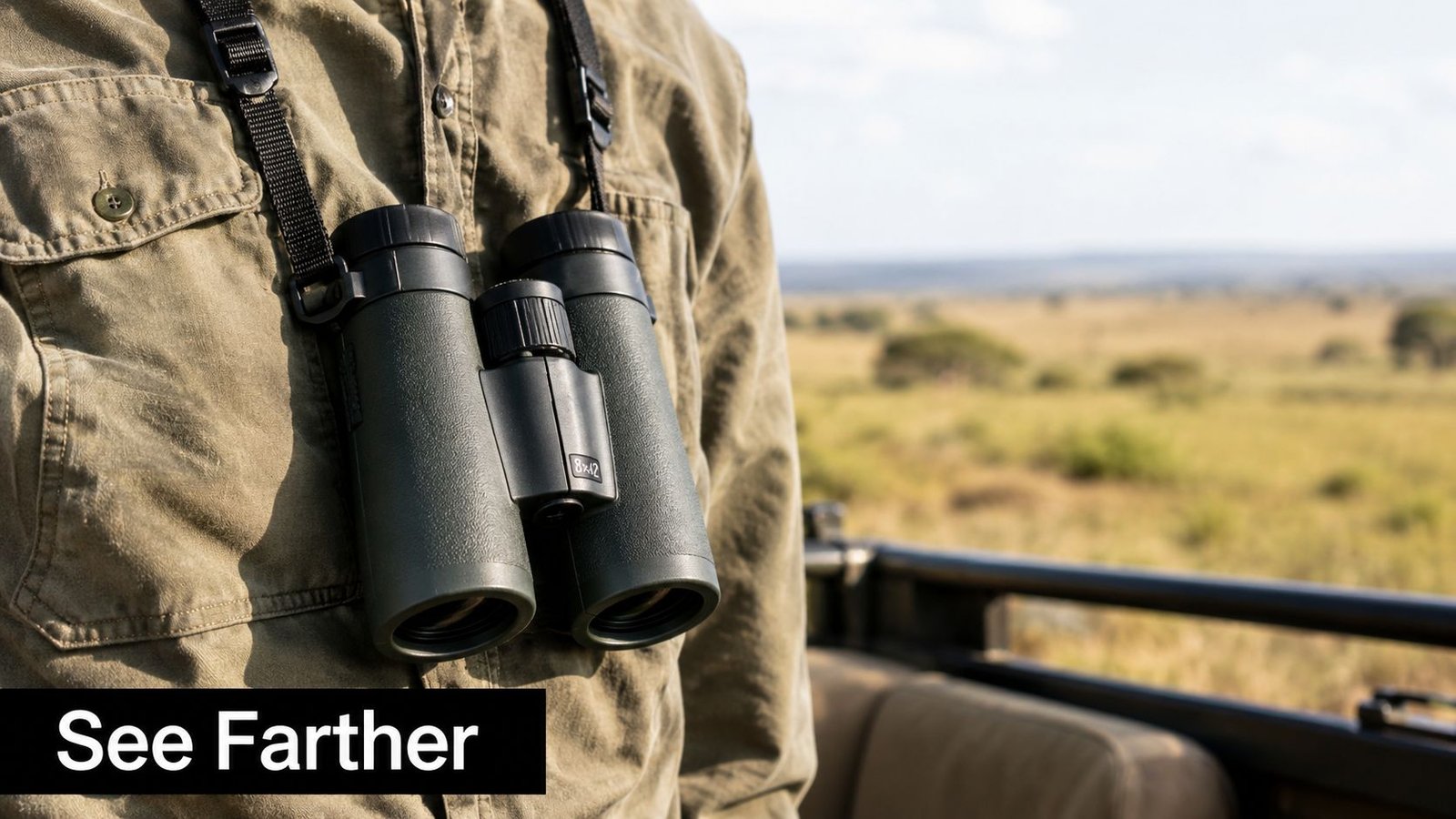 Safari Packing List for Victoria Falls and Botswana A person wearing a green shirt with binoculars hanging around their neck on a sunny safari excursion.