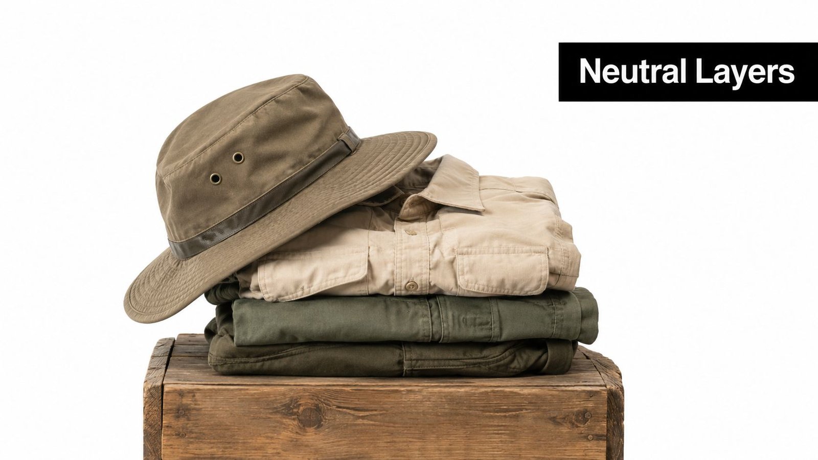 Safari Packing List for Victoria Falls and Botswana A stack of folded neutral-colored clothing and a safari hat resting on a wooden crate.