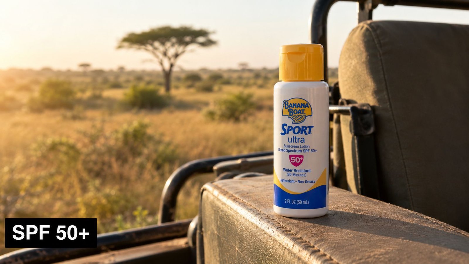 Safari Packing List for Victoria Falls and Botswana A bottle of Banana Boat Sport Ultra sunscreen placed on a safari vehicle seat during sunset.