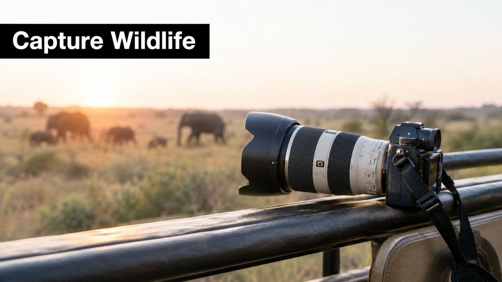 Safari Packing List for Victoria Falls and Botswana A professional digital camera with a long telephoto lens rests on a safari vehicle railing facing elephants.