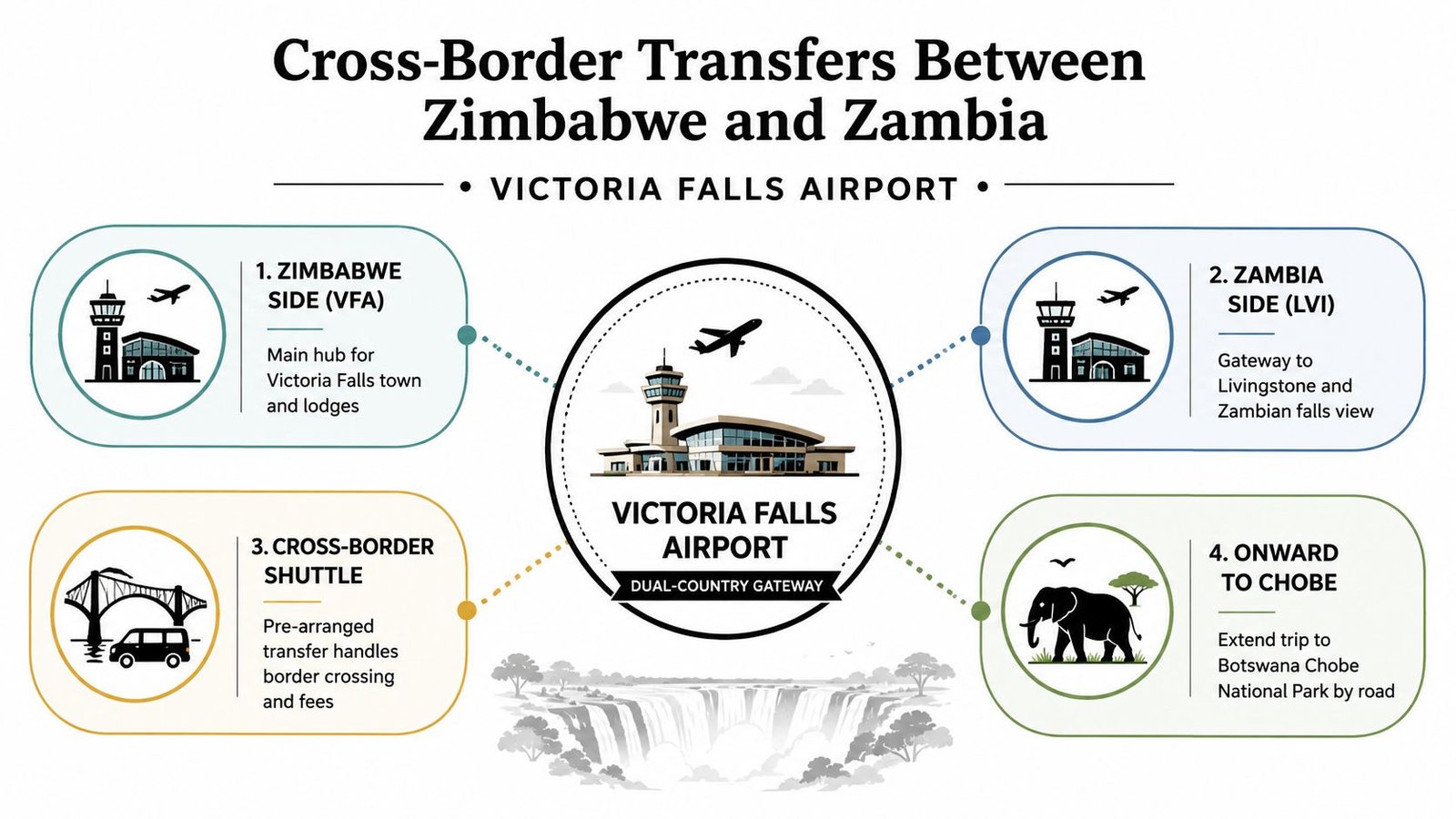 Victoria Falls Airport Transfer Options and Costs An infographic illustrating cross-border transfer services between Zimbabwe and Zambia via Victoria Falls Airport and Chobe.