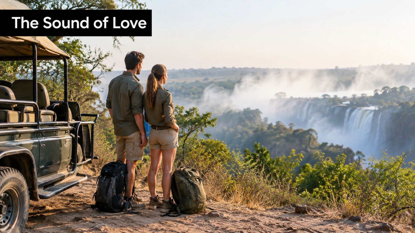 Victoria Falls Honeymoon Packages That Couples Love A couple standing by a safari jeep, admiring the misty Victoria Falls view together in Africa.