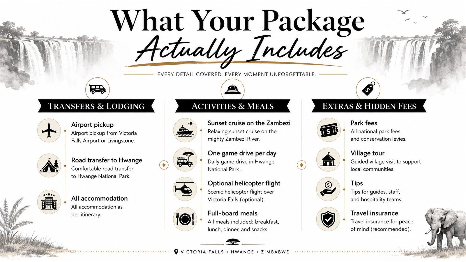 A travel infographic detailing the inclusive amenities, activities, and extra fees for a Victoria Falls safari tour package.