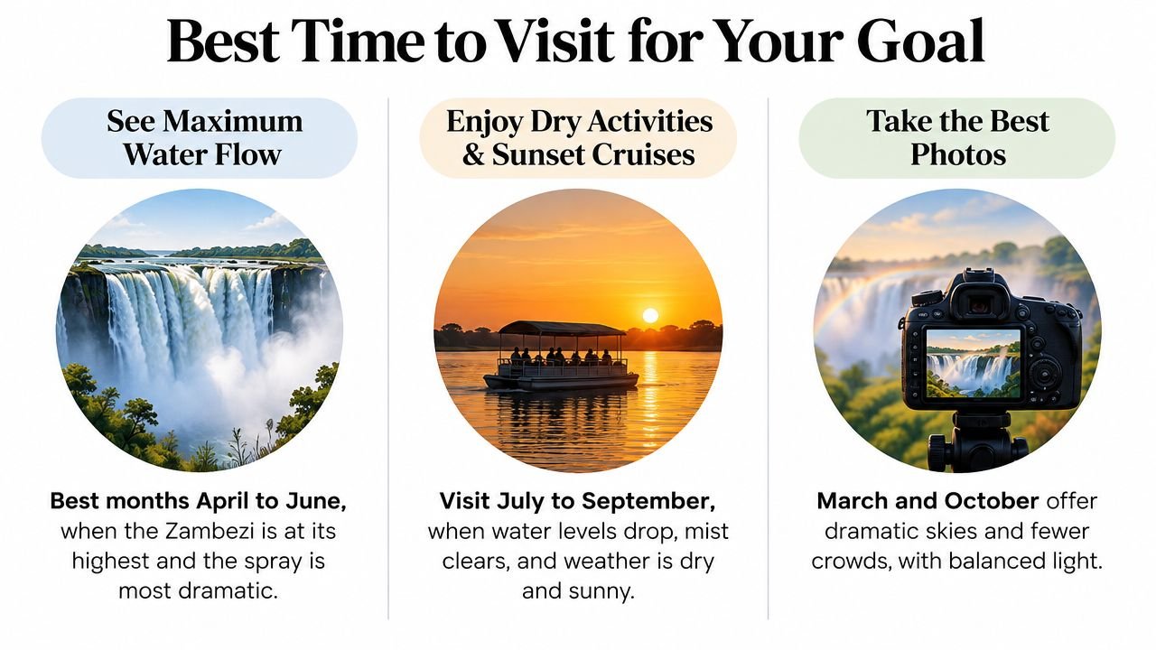 Victoria Falls Weather Guide for Every Season A travel infographic titled Best Time to Visit for Your Goal, showing seasonal recommendations for Victoria Falls.
