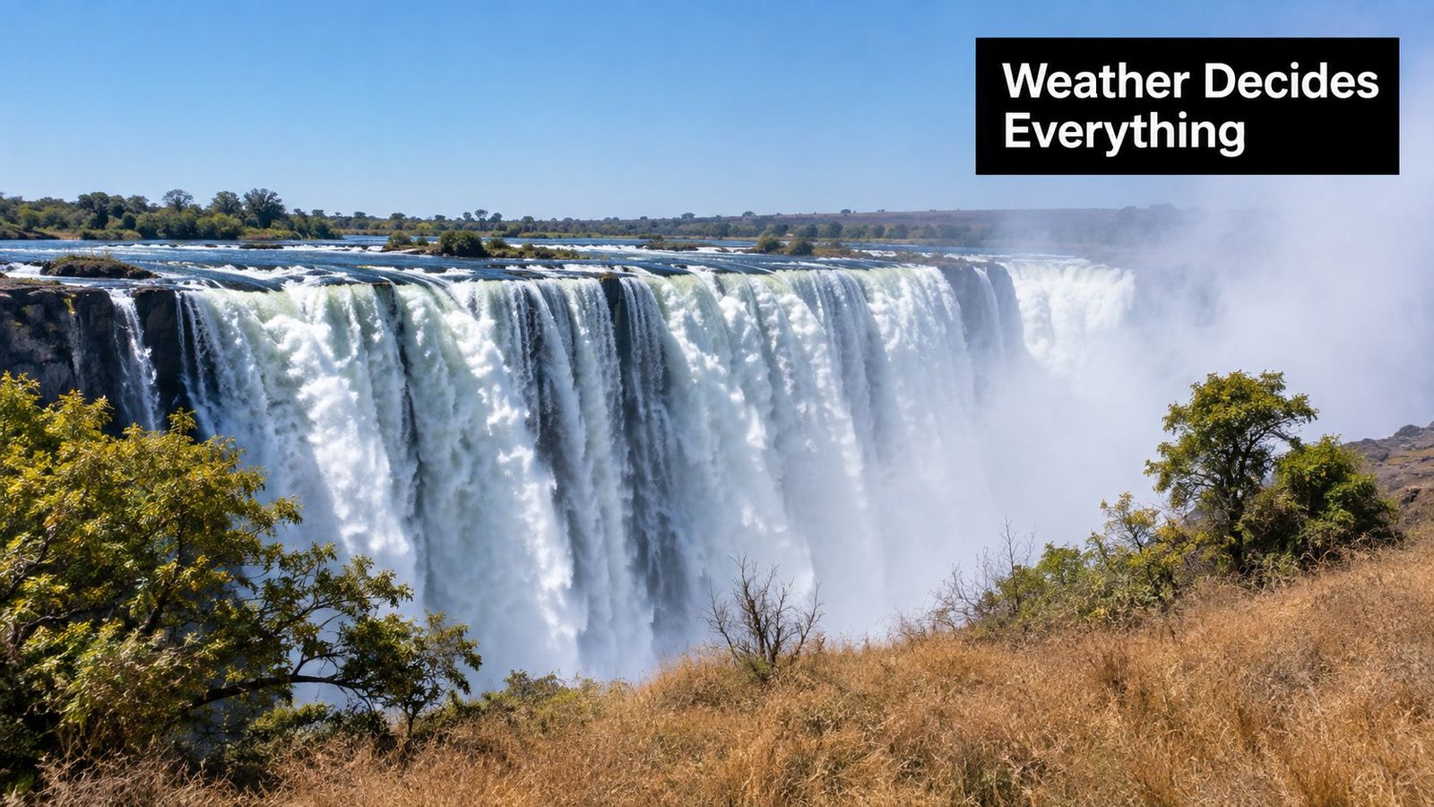Victoria Falls Weather Guide for Every Season A wide view of the powerful Victoria Falls cascading down with mist and dry grass in foreground.