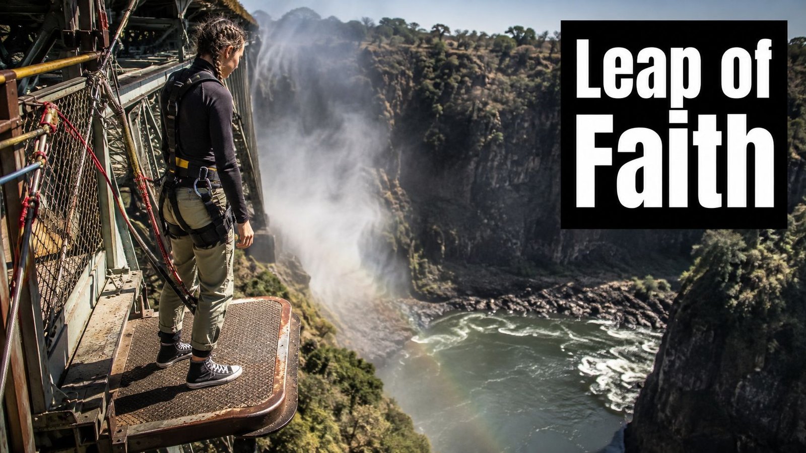 Victoria Falls Zipline: The Complete Visitor Guide A woman stands on a platform at Victoria Falls bridge preparing for a bungee jump.