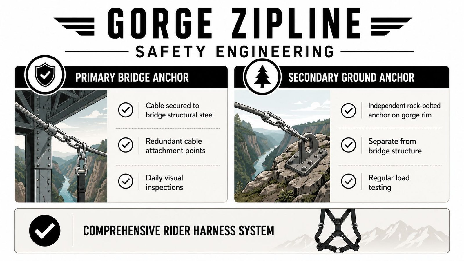 Victoria Falls Zipline: The Complete Visitor Guide An infographic detailing safety engineering standards for a gorge zipline, featuring anchor systems and harness equipment.