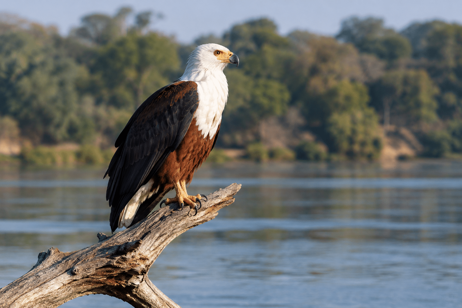 Lower Zambezi Safari: The Complete Guide to Wildlife, Canoe Safaris and River Adventures in Zambia African fish eagle perched above the Zambezi River in Zambia