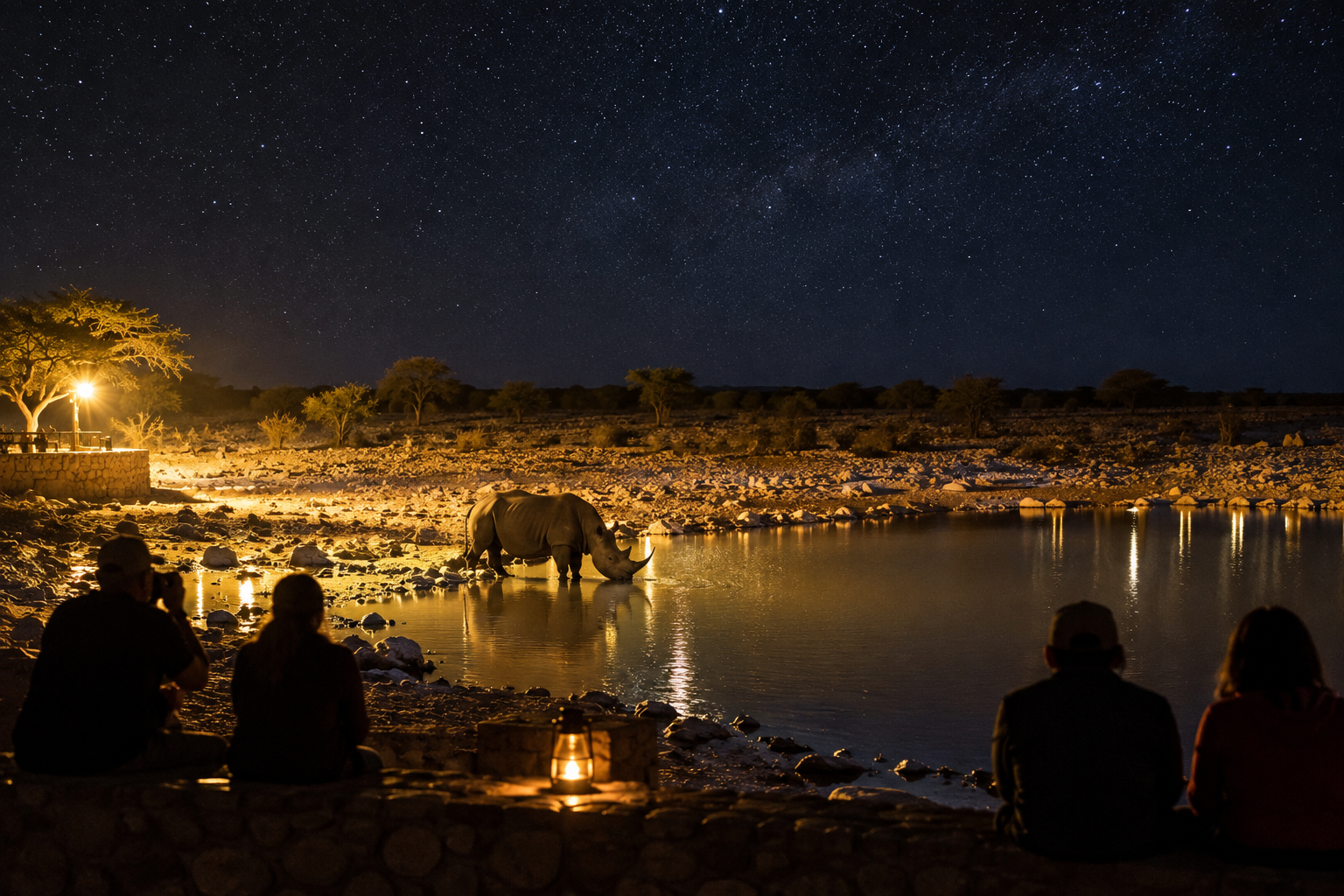 Floodlit Okaukuejo waterhole at night with a black rhino