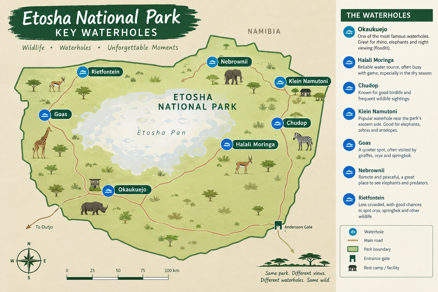 Key waterholes for an Etosha National Park safari
