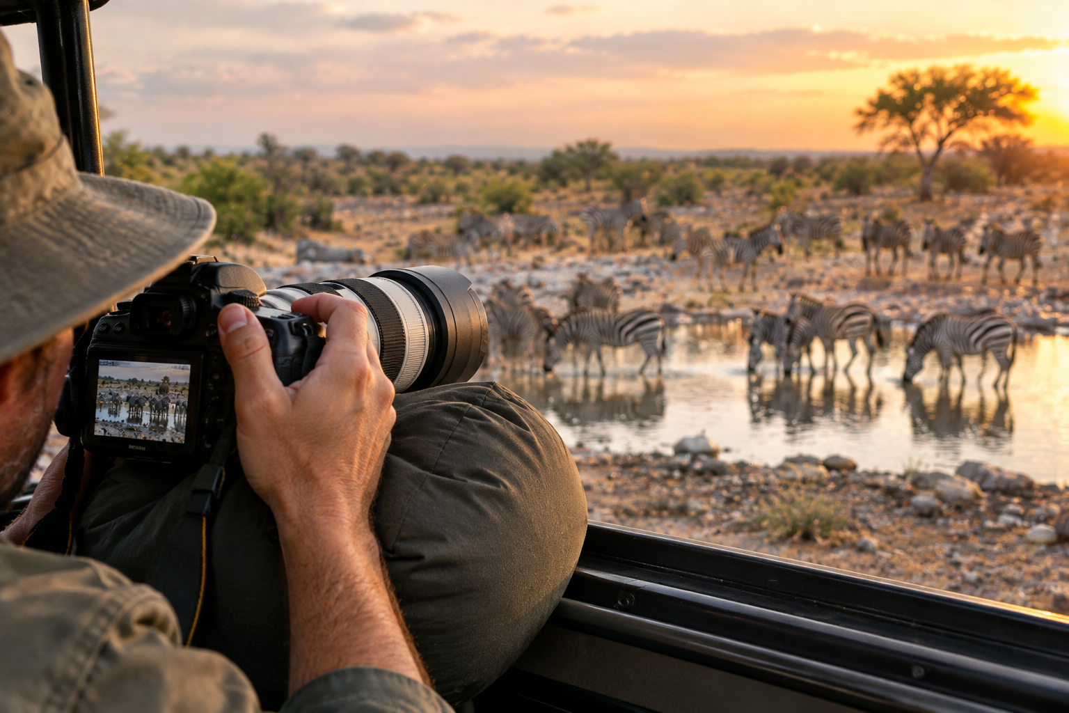 Photographing wildlife from a car on an Etosha National Park safari