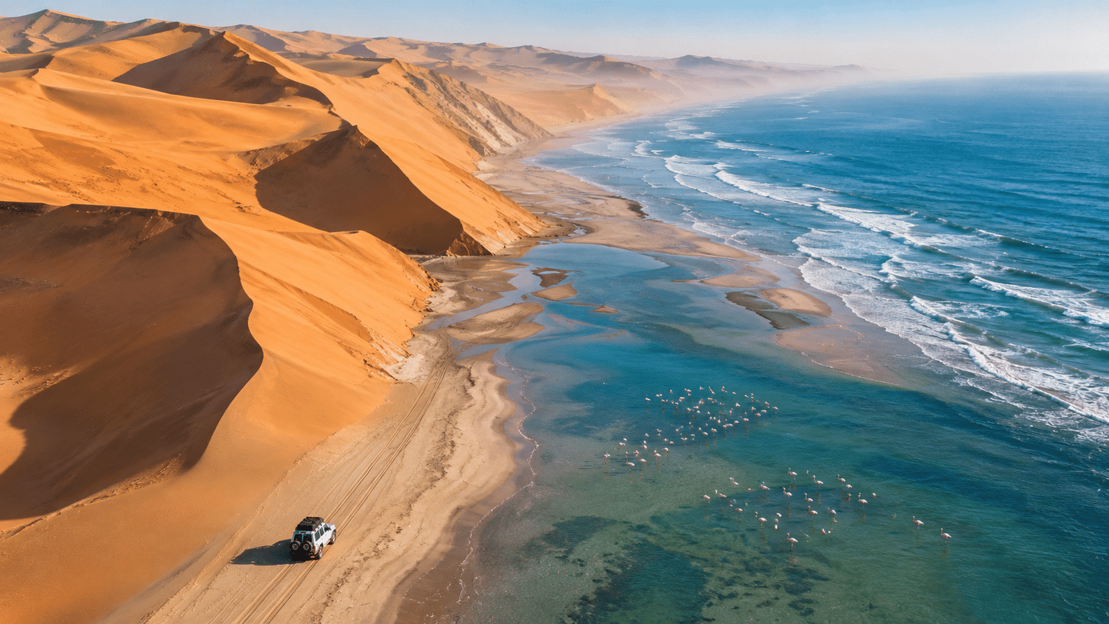 Sandwich Harbour dunes meeting the ocean near Swakopmund on a Namibia safari