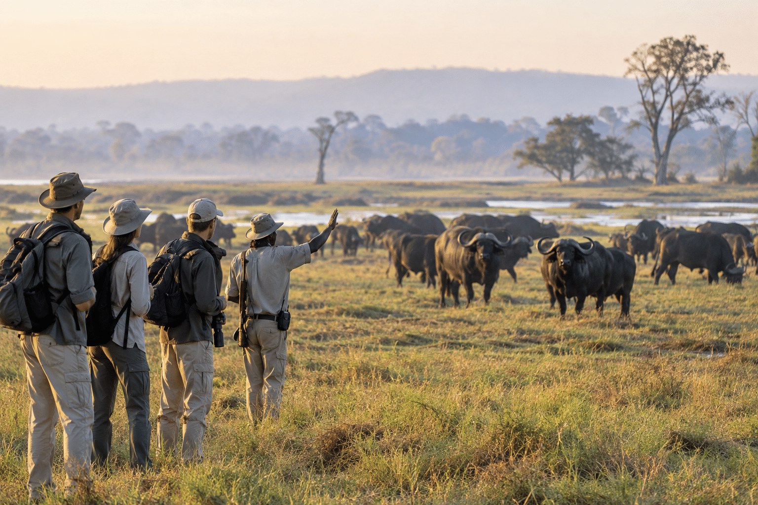 Guide leading guests at a safe distance from
buffalo on a Mana Pools walking safari