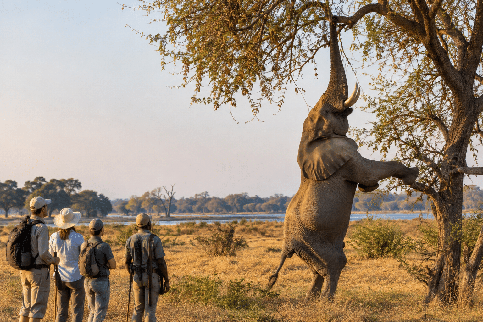Zimbabwe Walking Safari: The Complete Guide to Exploring the African Bush on Foot Elephant reaching for winterthorn pods in Mana Pools National Park