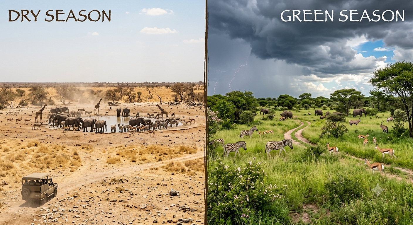 Etosha National Park in dry season versus green season