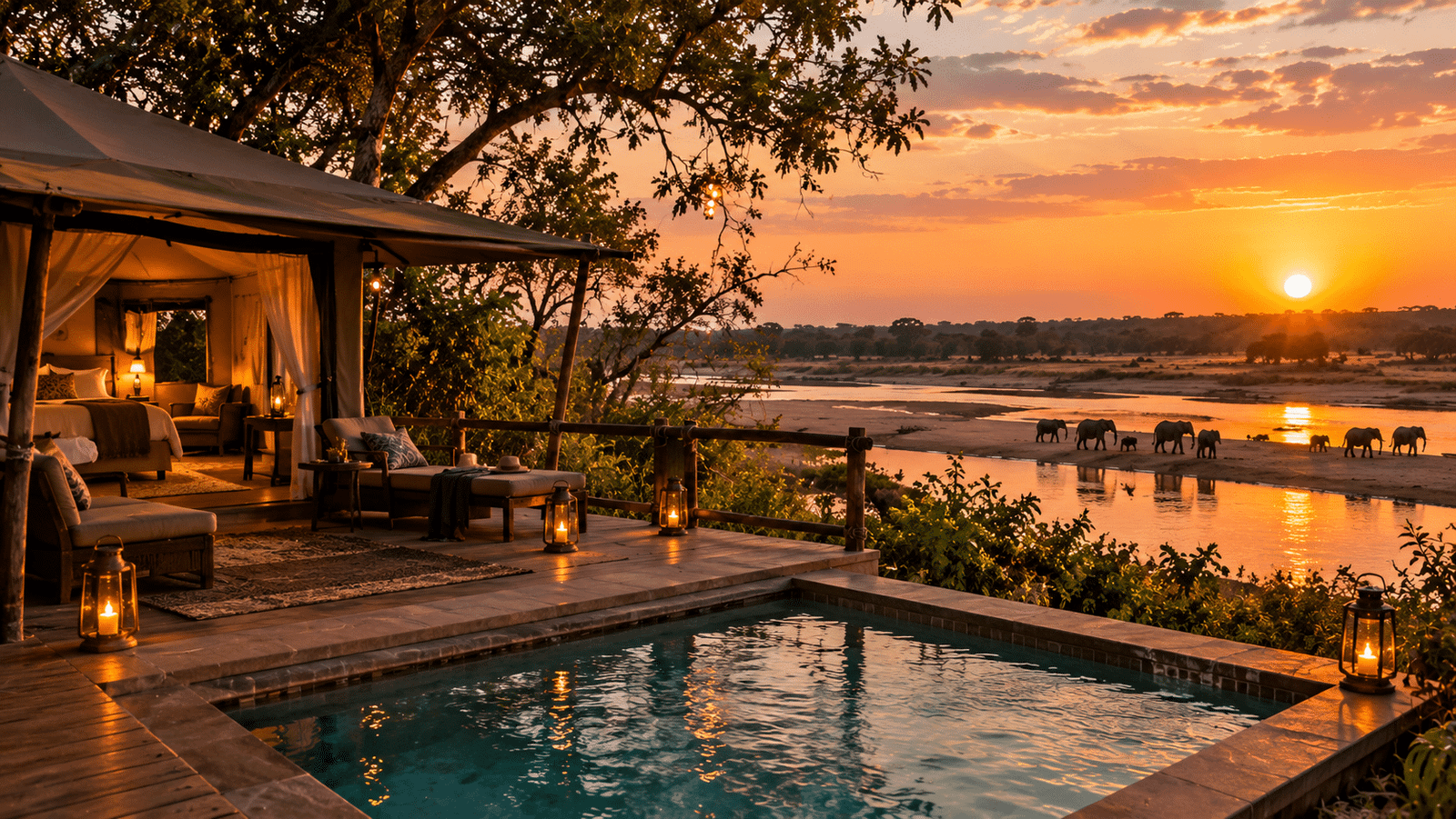 South Luangwa Safari: The Complete Guide (Best Time, Costs, Camps & Gear) Riverside safari lodge at sunset during a South Luangwa safari