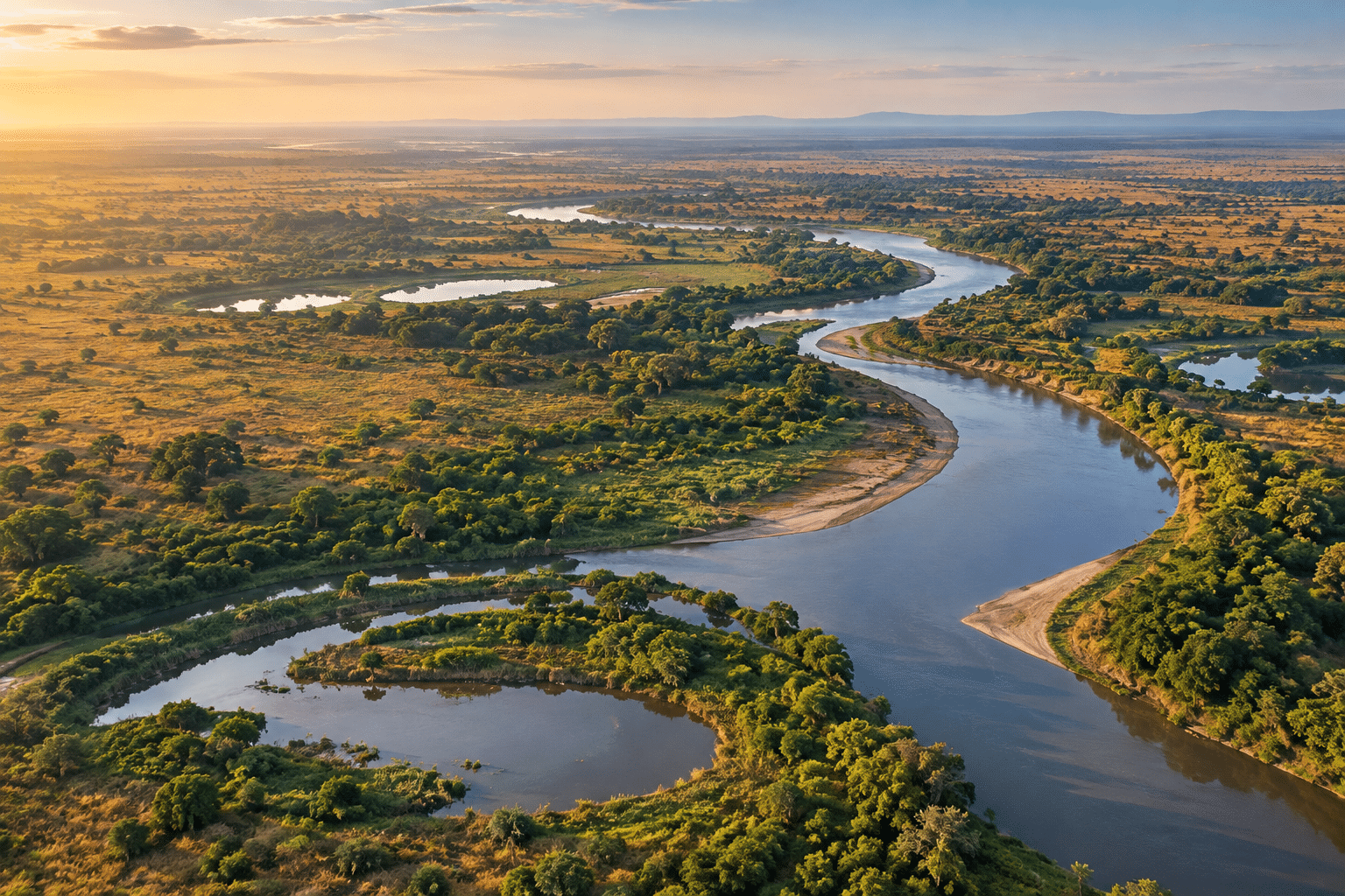 Zambia Walking Safari: A Complete Guide to Exploring the African Bush on Foot Aerial view of the Luangwa River and oxbow lagoons in Zambia
